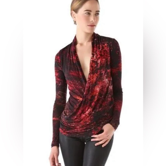 Helmut Lang Midnight Floral Overlap Draped Wool Top Shirt P L41-10